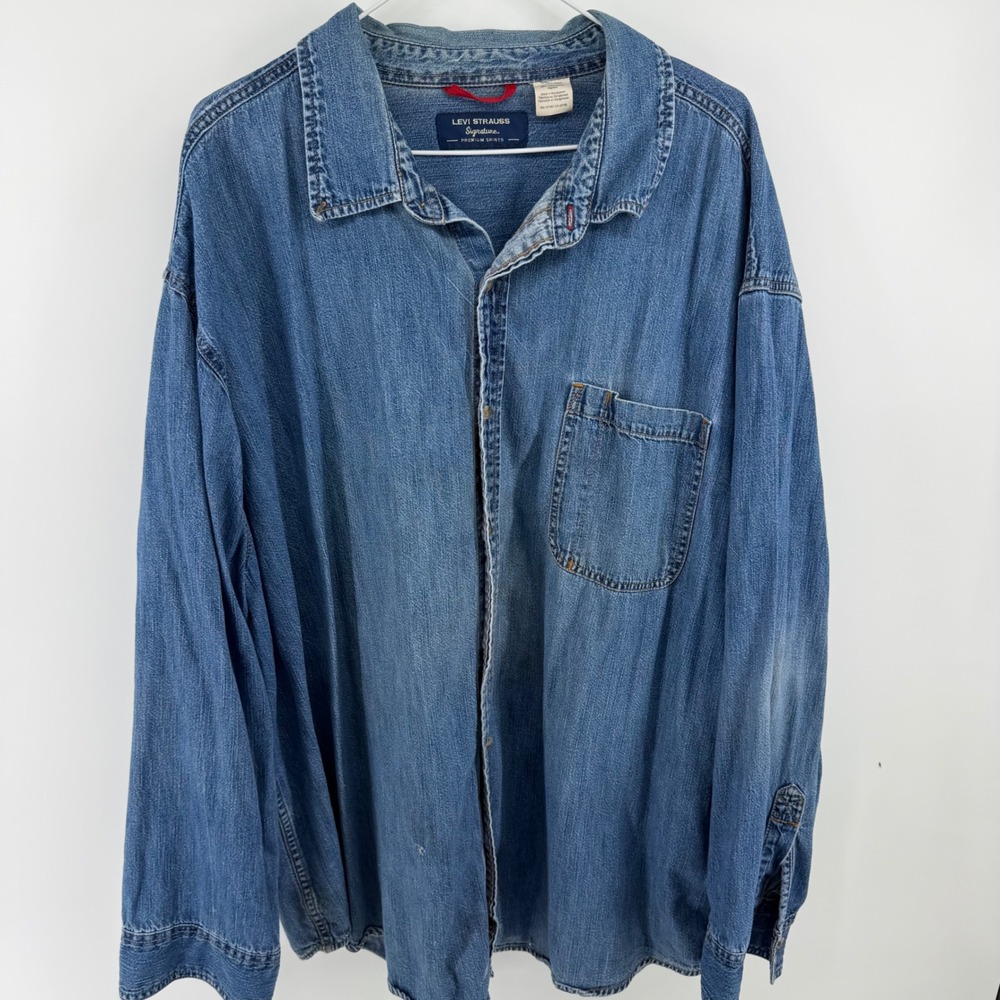 Levi Strauss Signature Mens 3XL Blue Denim Button Shirt Long Sleeve 100% Cotton